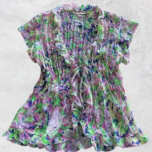 Boho Floral Shirt Small Sheer Ruffle Mermaid Tie Open Front colorful Romantic